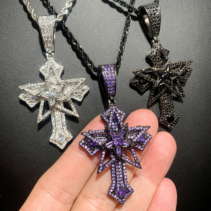 Hip-Hop Rotatable Pentagram Cross Zircon Pendant Necklace