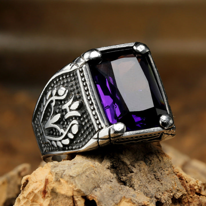 Punk Retro Gem Tulip Titanium Steel Men's Ring (Multi-Color Inlaid Style)