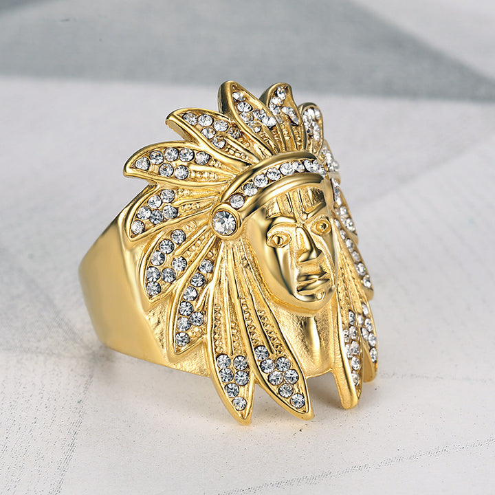 Native American Chief Pave Diamond Embossed Wide Ring, Solid S925 Silver Gold & Silver Two-Tone Vintage Tribal Men’s Band