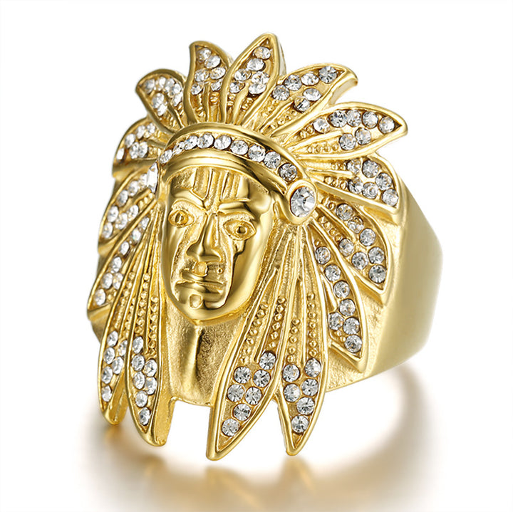 Native American Chief Pave Diamond Embossed Wide Ring, Solid S925 Silver Gold & Silver Two-Tone Vintage Tribal Men’s Band