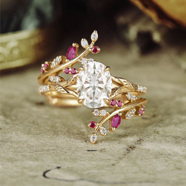 18K Gold-Plated Leaf Design Ring Set with Colorful Zircon