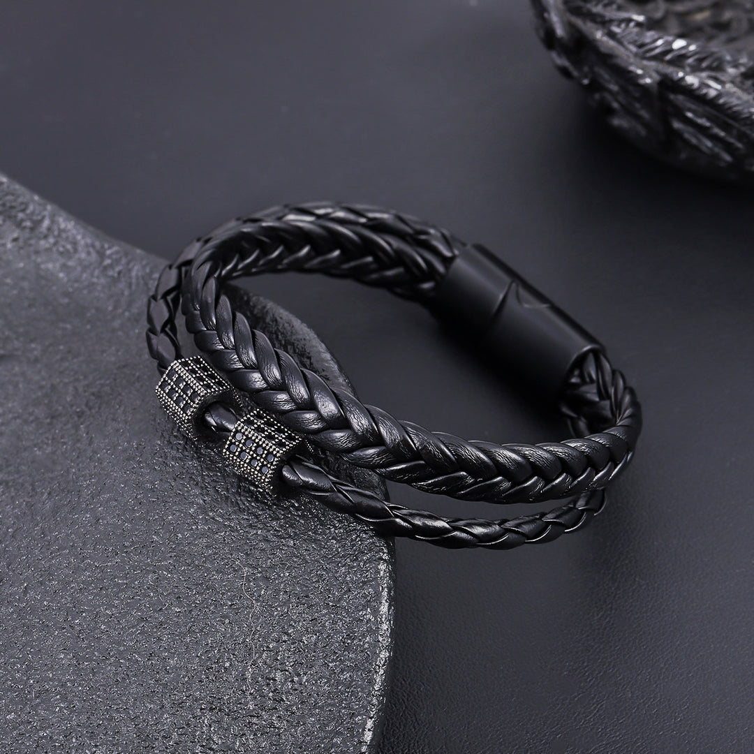 Double Layer Braided Leather Men's Bracelet, Magnetic Clasp Wrist Jewelry with Rhinestone Tube Beads