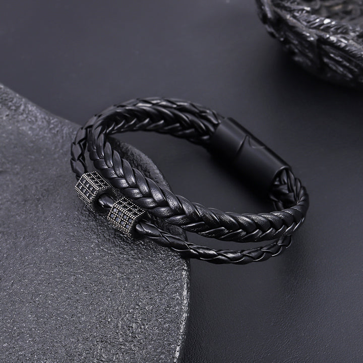 Double Layer Braided Leather Men's Bracelet, Magnetic Clasp Wrist Jewelry with Rhinestone Tube Beads