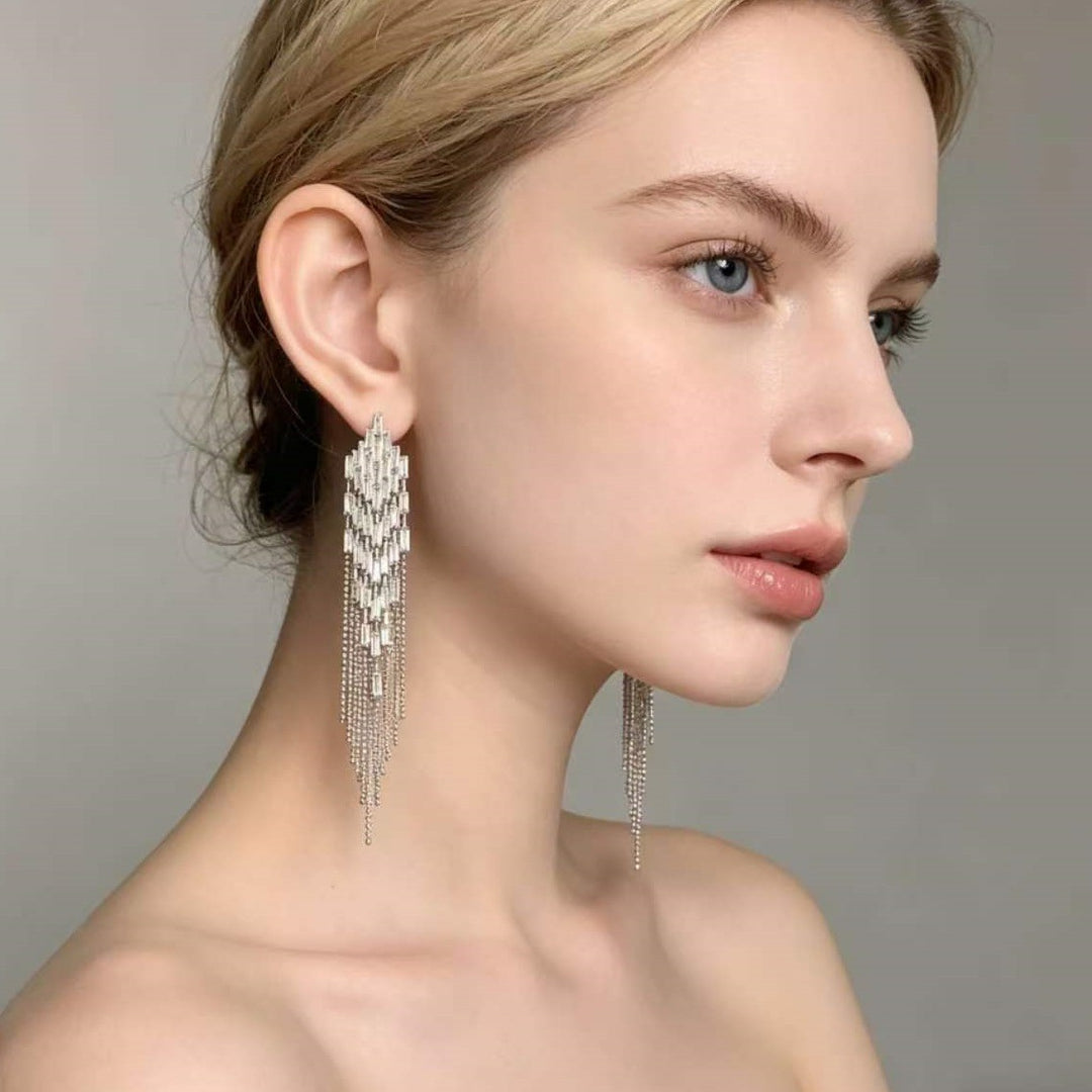 Long Baguette Diamond Tassel Earrings, Luxury Multi-layer Chain Dangle Earrings for Party