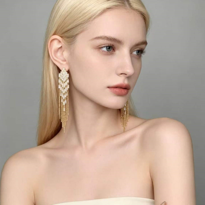 Long Baguette Diamond Tassel Earrings, Luxury Multi-layer Chain Dangle Earrings for Party