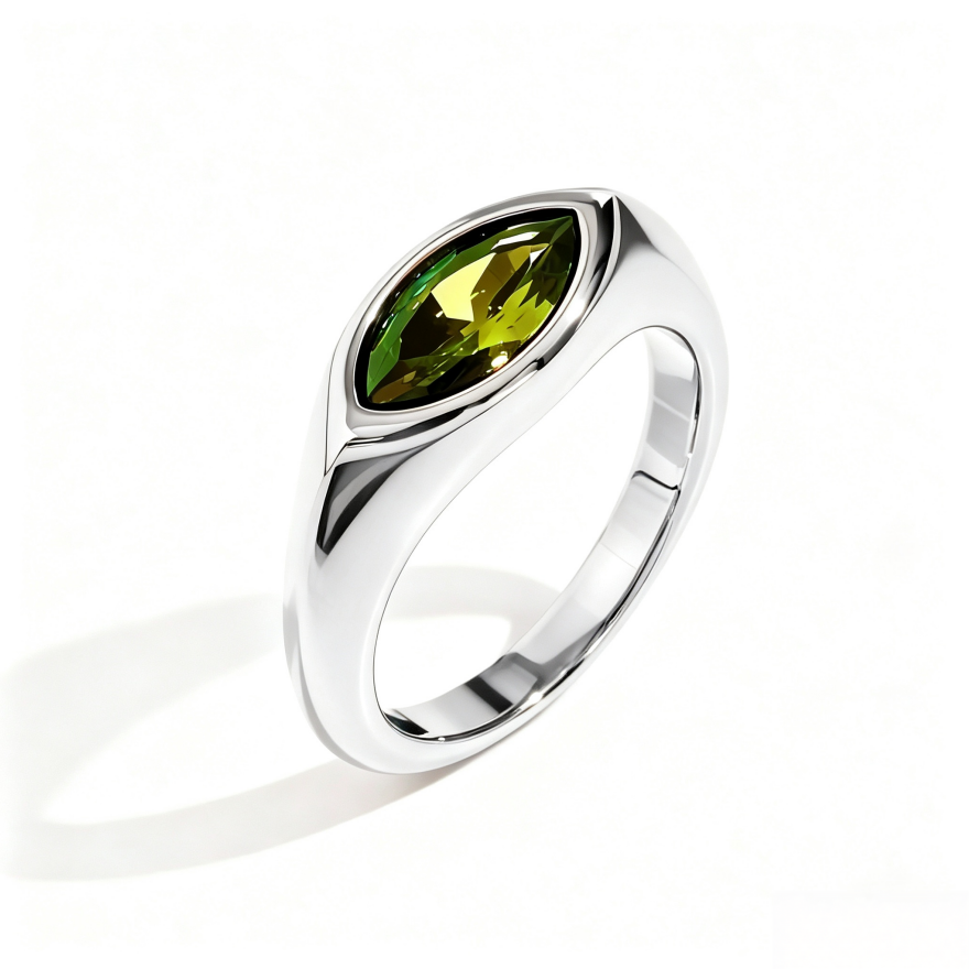 Marquise‑Cut Colored Gemstone Bezel‑Set Wide‑Band Gold‑Plated S925 Sterling Silver Ring, Multi‑Colors Available