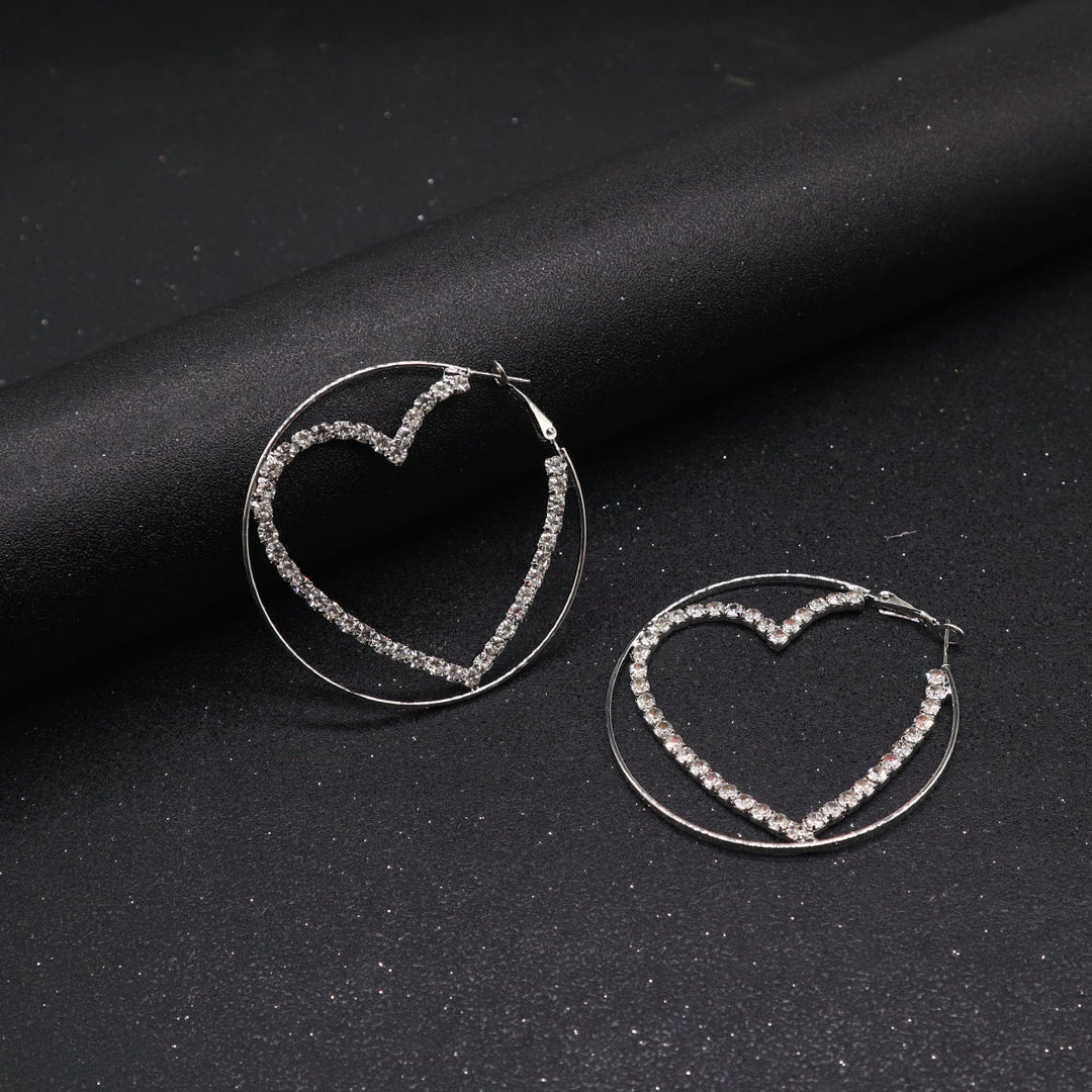 Double Layer Heart Rhinestone Hoop Earrings, Hollow Heart Diamond Circle Earrings, Gold & Silver Sweet Cool Earrings