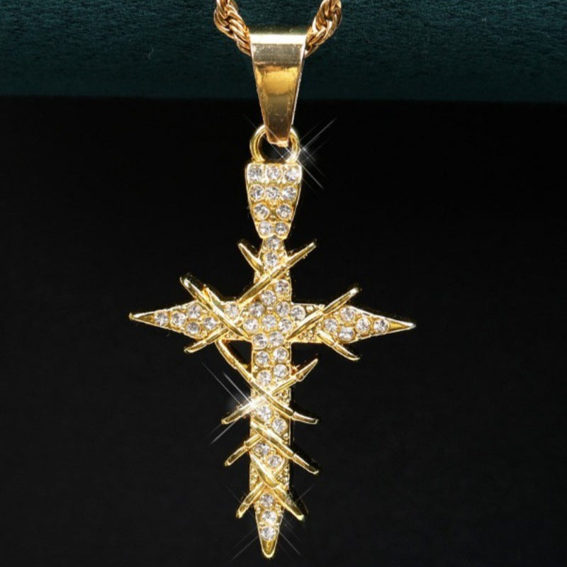 S925 Silver Paved Star Cross Pendant Necklace, 2 Colors Rope Chain Unisex Necklace