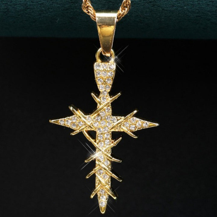 S925 Silver Paved Star Cross Pendant Necklace, 2 Colors Rope Chain Unisex Necklace
