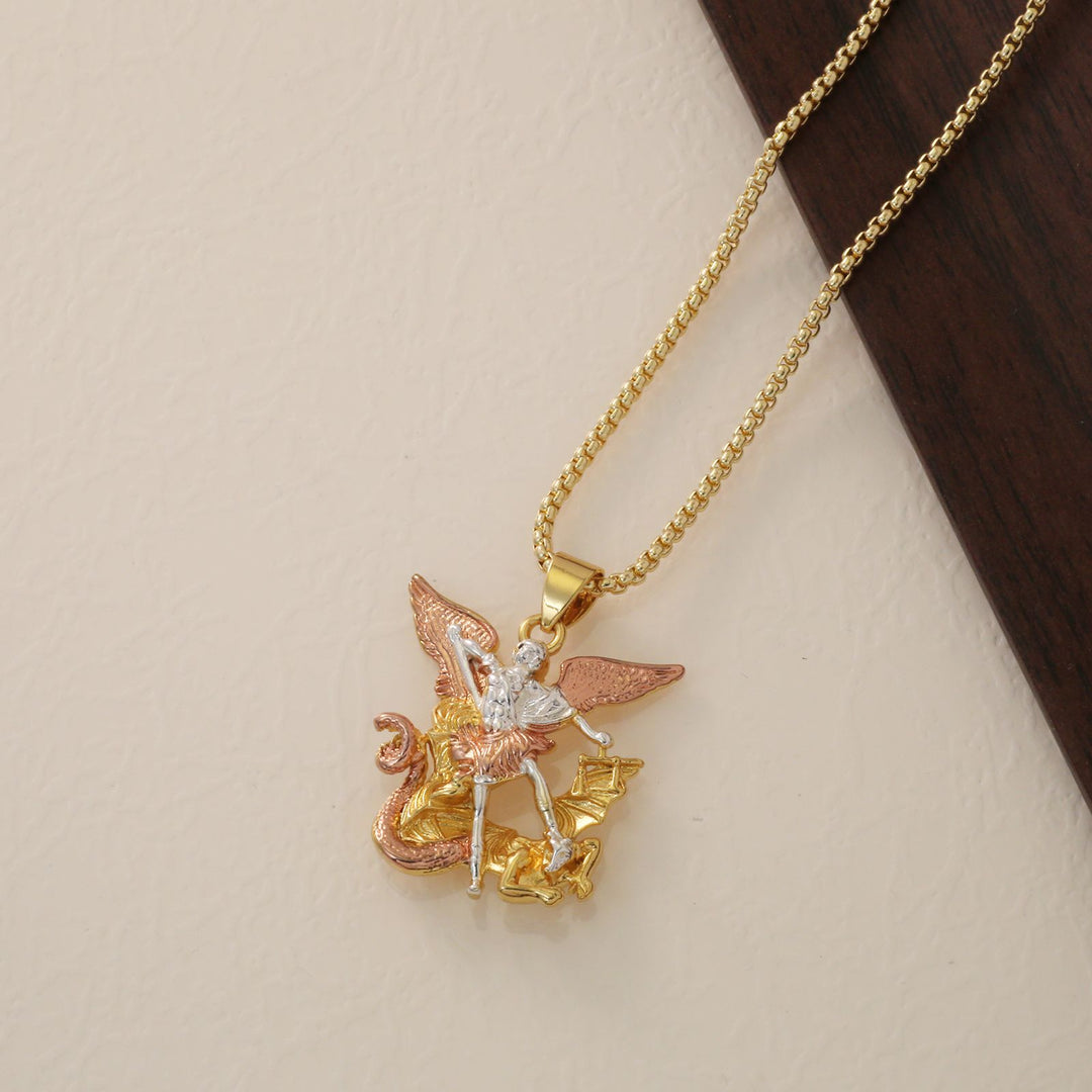 Archangel Defeating Dragon 3D Relief Pendant Necklace, 3‑Tone Vintage Heavy‑Craft Men’s Box‑Chain Necklace