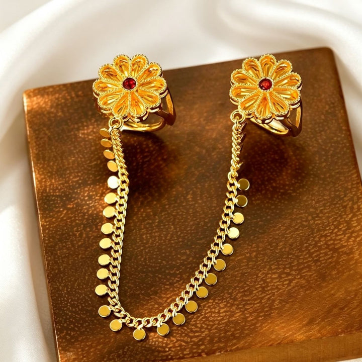 Vintage Embossed Floral Linked Double Ring Chain, Solid S925 Silver Gold-Plated 3 Gemstone Dangling Two-Finger Band