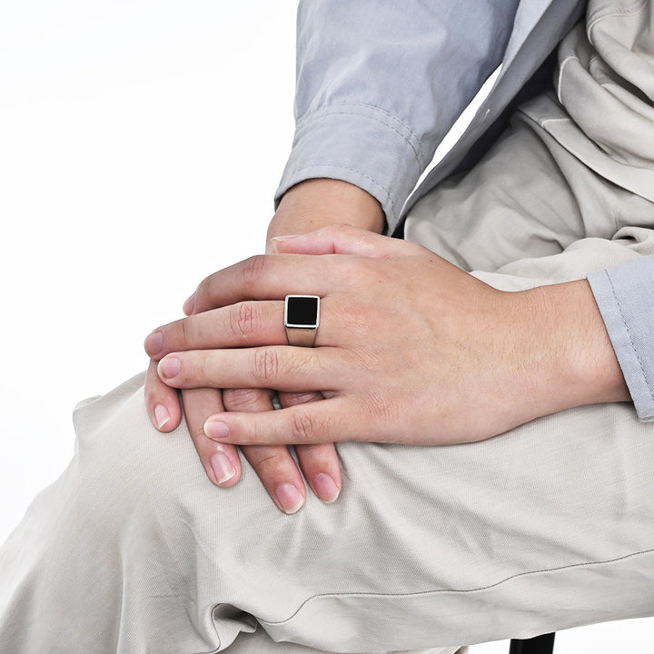 Minimalist Square‑Black‑Face Men’s Wide Signet Ring, 3‑Color Options