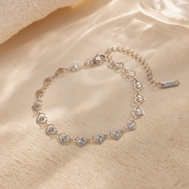 Hollow Embossed Heart Jewelry Set Necklace & Bracelet, Gold & Silver Two-Tone All-Match Heart Chain Matching Jewelry