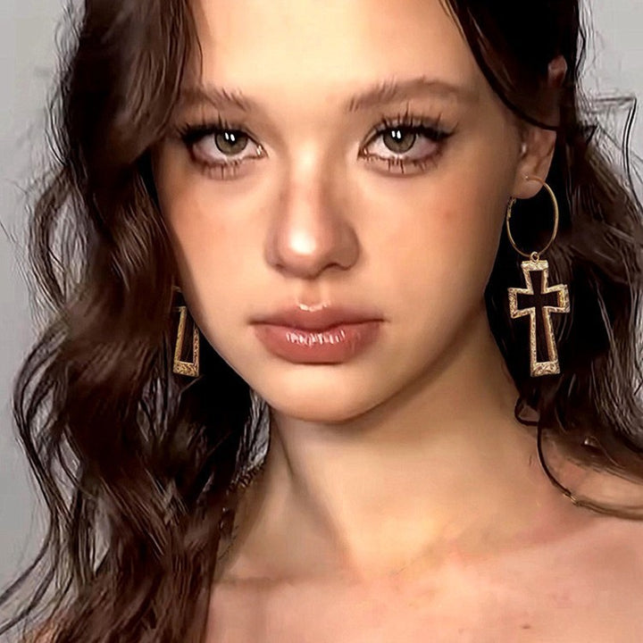 Hammered Hollow Cross Hoop Earrings, Vintage Textured Cross Charm Thin Click Hoops, Gold & Silver Punk Street Jewelry for Women