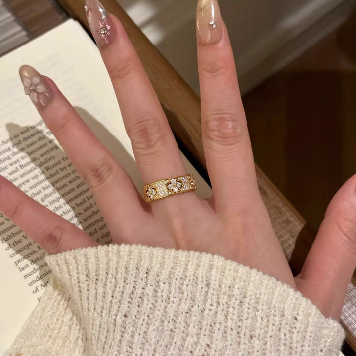 Vintage Paved Diamond Spliced Open Wide Ring, Gold & Silver Luxury Carved Adjustable Band for Women
