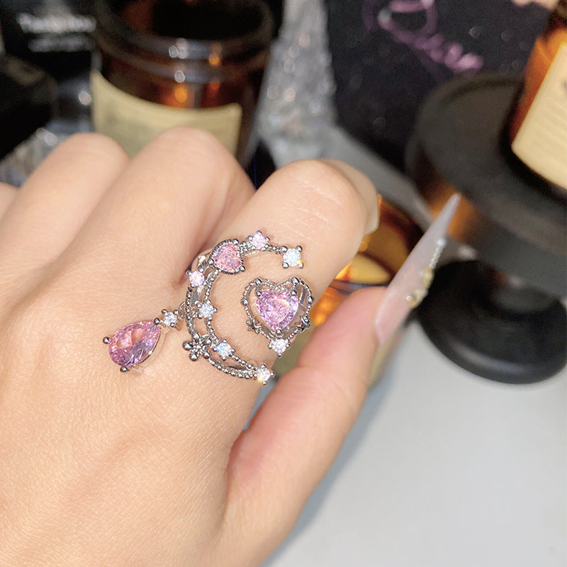 Moon‑Star Heart Teardrop Dangling Open Ring, Multi‑Color Options