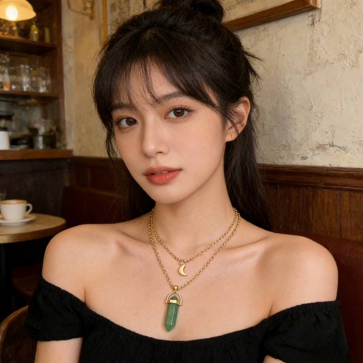 Crystal Point Moon Layered Necklace (Bohemian Gold Tone Clavicle Chain)
