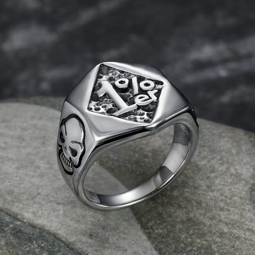 1%er Skull Vintage Biker Signet Ring, S925 Silver 14K Gold Plated Two-Tone Tough Men Wide Band