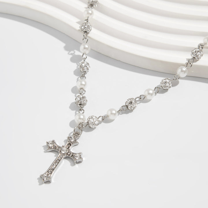 Pearl & Diamond Cross Pendant Necklace (Y2K Edgy Choker)
