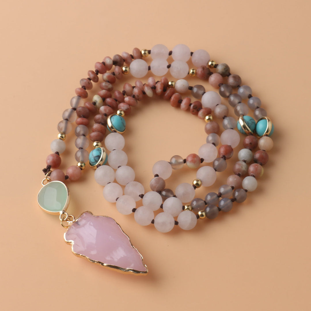 Gentle Style Pink Crystal Leaf Multi-Stone Long Beaded Necklace, Natural Frosted Jade Turquoise Vintage Versatile Sweater Chain