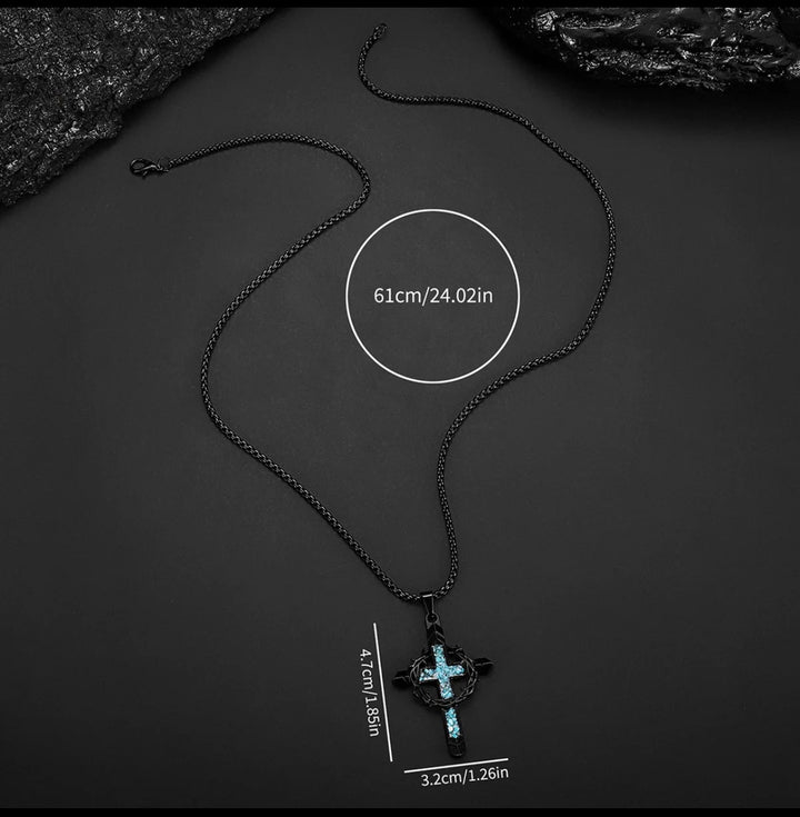 Thorn Wrapped Turquoise Chip Cross Necklace, Gold & Silver Vintage Punk Necklace for Men