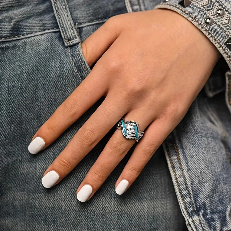 Native American Style Turquoise Inlay Diamond Stackable Ring Set, Square Gem Luxury Engagement Stacking Band