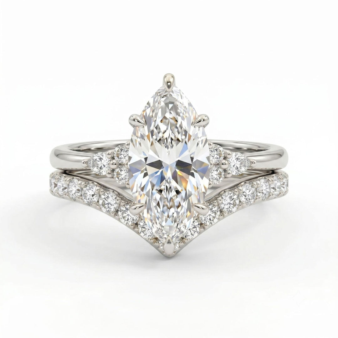 Marquise Main Stone V-shaped Paved Diamond Ring Set, Luxury Two Stackable Diamond Rings, Gold & Silver Two Tones Available