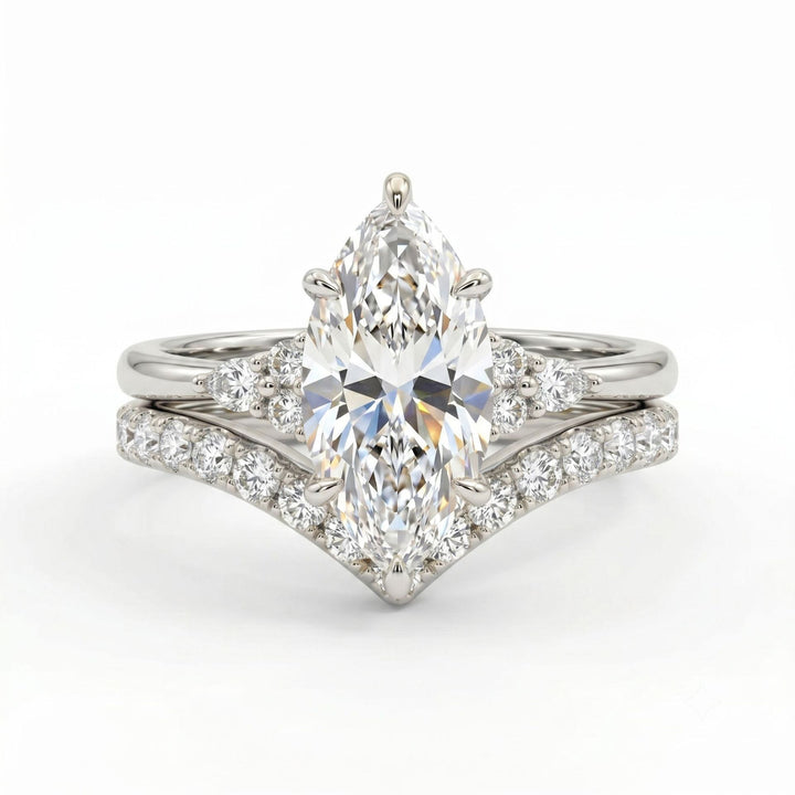 Marquise Main Stone V-shaped Paved Diamond Ring Set, Luxury Two Stackable Diamond Rings, Gold & Silver Two Tones Available