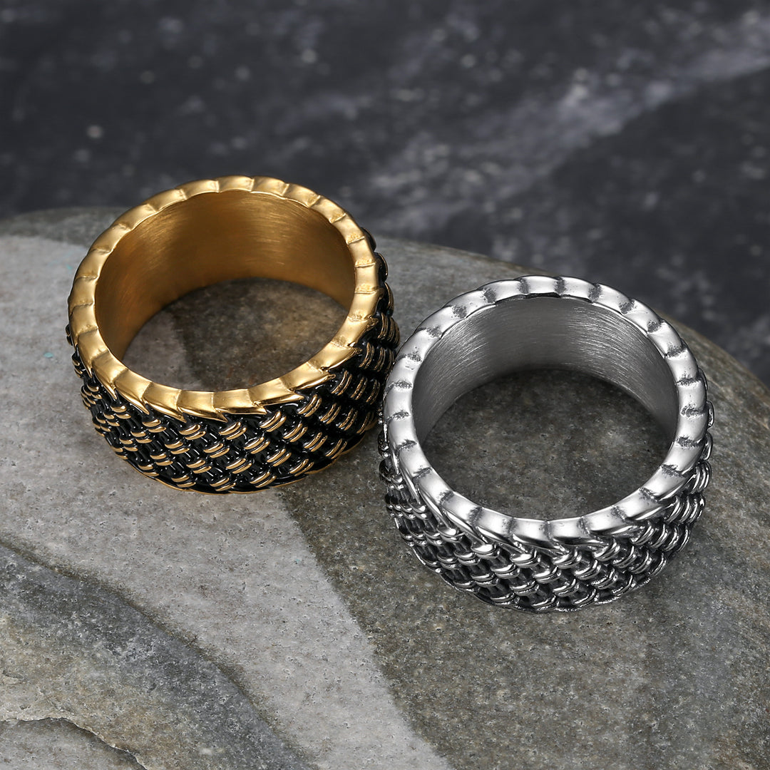 Vintage 3D Woven Texture Wide Band Ring, S925 Silver Silver & Gold Two-Tone Unisex Ring