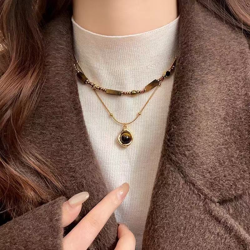 Vintage Tiger Eye Stackable Necklace Set, Mead Style Natural Stone Beaded Choker, Detachable Double Layer Necklaces