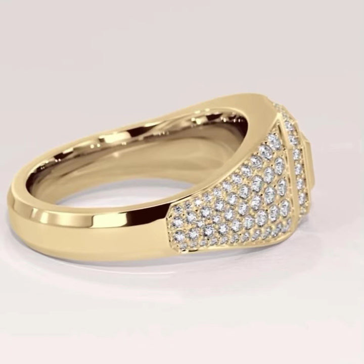 Square‑Cut Center Stone Pavé Wide‑Band S925 Sterling Silver Gold‑Tone Men's Ring