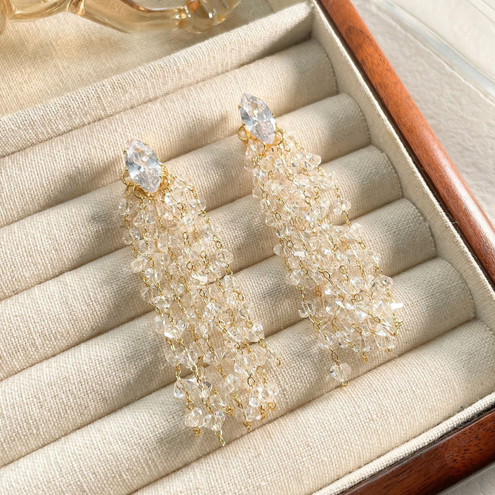 Marquise Diamond Multi-Layer Crystal Tassel Long Drop Earrings, Solid S925 Silver Gold & Silver Two-Tone Heavy Banquet Jewelry
