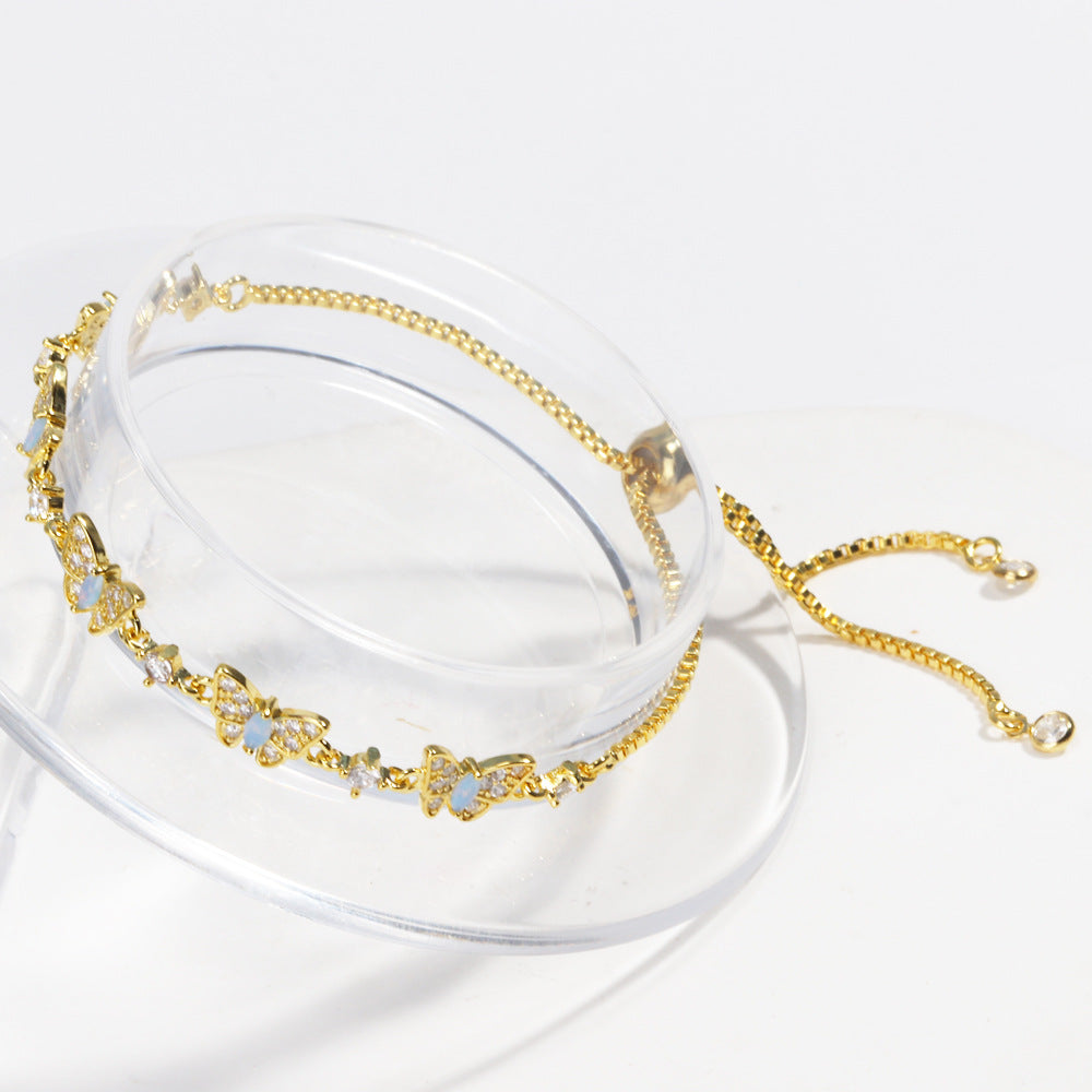 Iridescent Shell Butterfly & Pave Diamond Slider Bracelet (Sweet-Cool Girlish Heart Light Luxury Style)