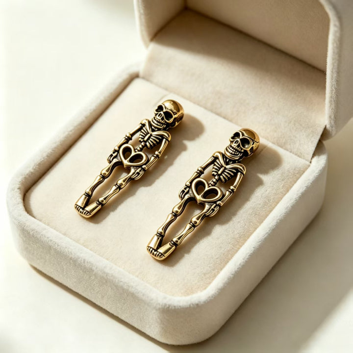 Vintage Antiqued Skeleton Stud Earrings With Heart, Gothic Long S925 Silver Unique Earrings