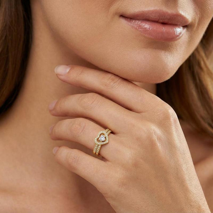 Double Heart Diamond Hollow Halo Ring Set (Luxury Romantic Engagement Band Set)