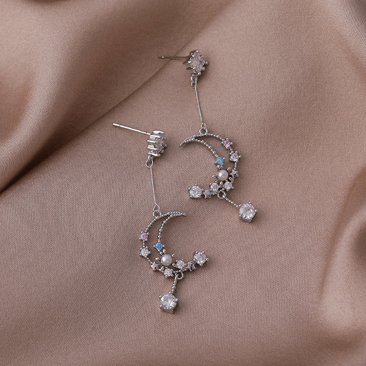 S925 Silver Star & Moon Color Diamond Pearl Drop Earrings, Dreamy Hollow Crescent Long Dangle Earrings