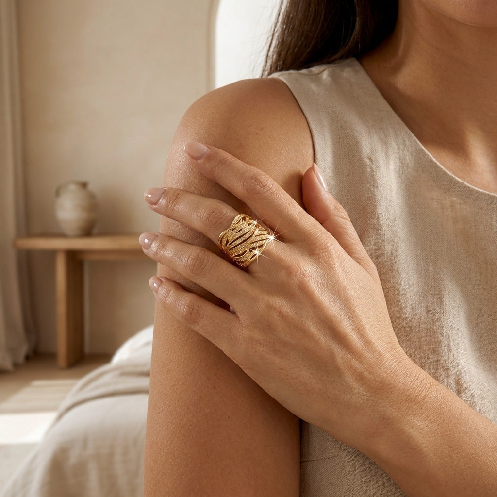 Interlaced Leaf Pave Diamond Wide Ring, Gold Sculpted Palm Leaf Hollow Statement Band For Women