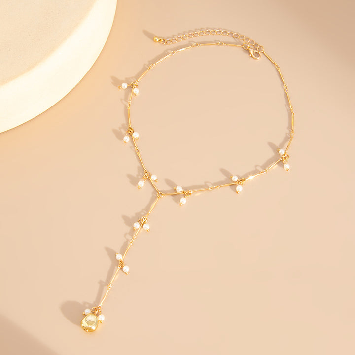 Dangling Pearl Y-Shaped Clavicle Necklace, Soft Multi Cluster Pearl Long Thin Chain