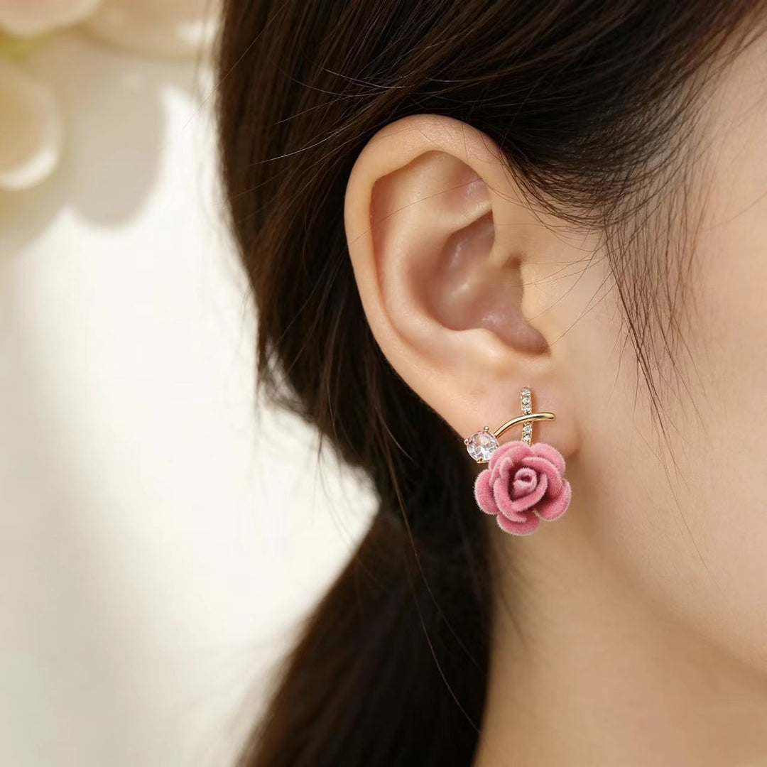 Flocking Rose Pearl Hook Earrings, Gentle Red & Pink Rose Diamond Long Dangle Earrings, Two Colors Available