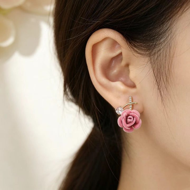 Flocking Rose Pearl Hook Earrings, Gentle Red & Pink Rose Diamond Long Dangle Earrings, Two Colors Available