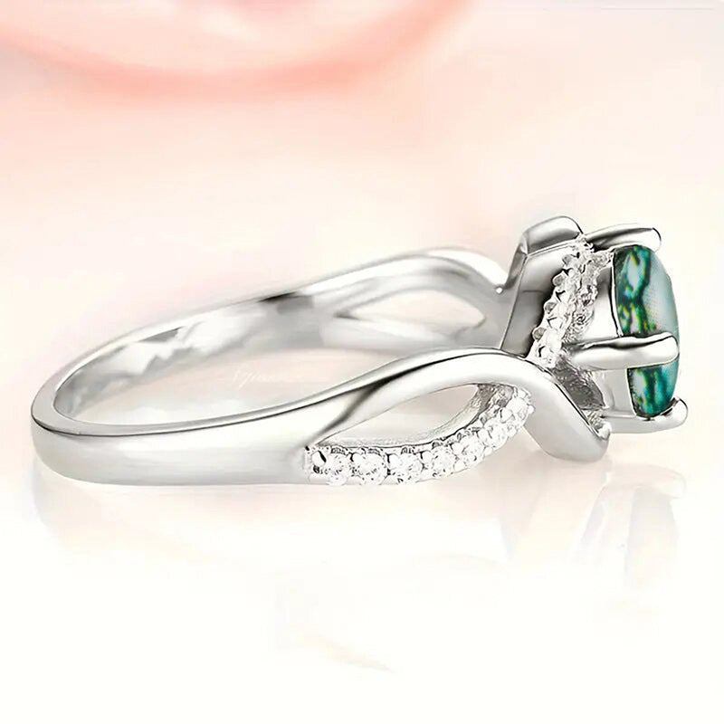 Twisted Shank Moss Agate Ring, Forest Style Paved Diamond Silver Delicate Band for Women