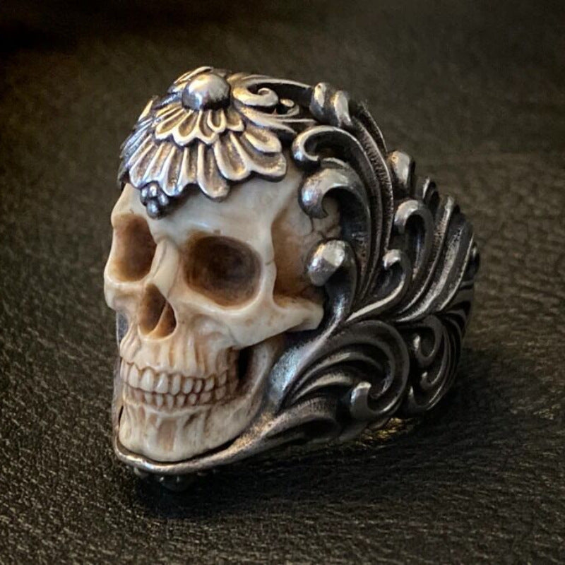 Vintage Baroque Scroll & Lotus Bone Carved Skull Wide Ring, S925 Silver Antiqued Gothic Embossed Men’s Band