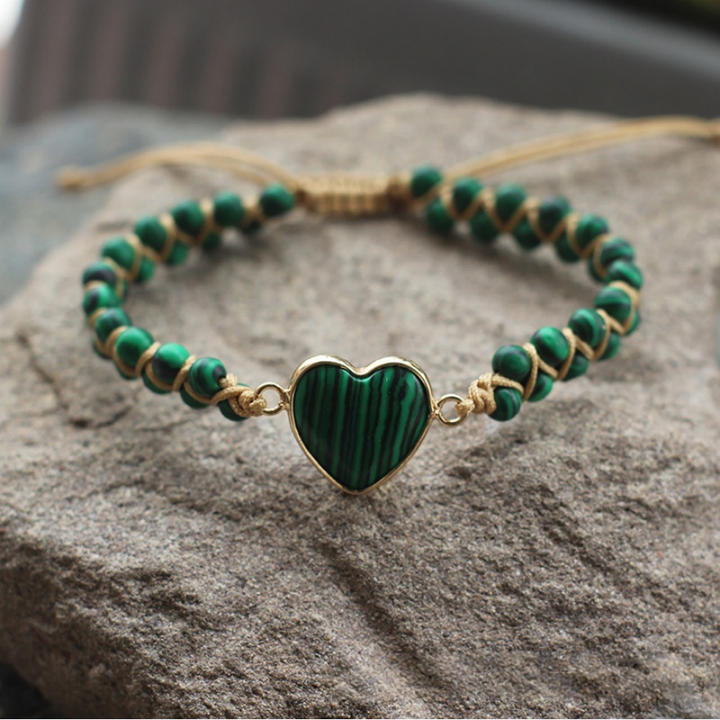 Heart Natural Stone Woven Adjustable Bracelet, Multi‑Color Boho Beaded Bracelet