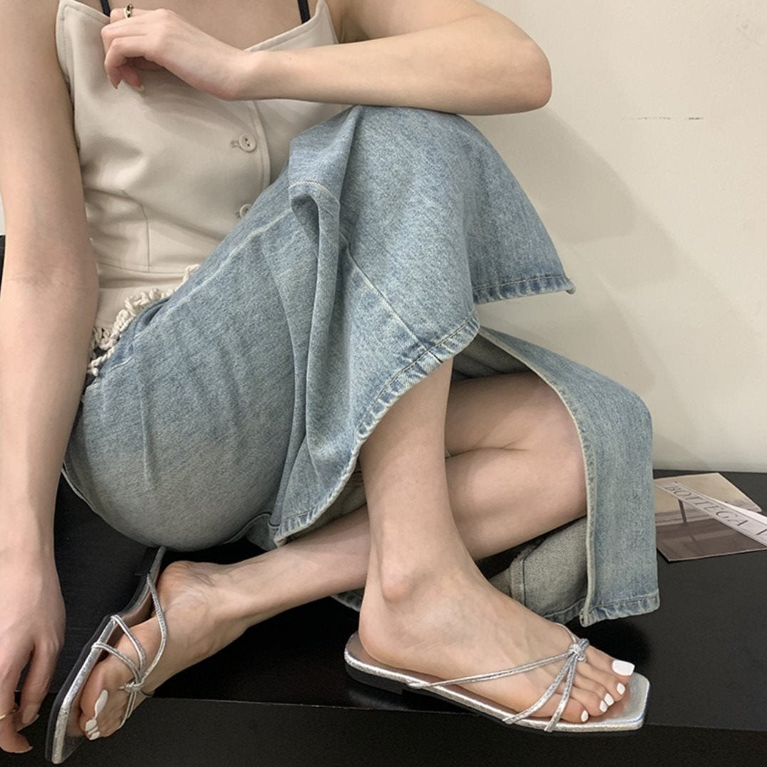 French Thin Strap Square Toe Slide Sandals, Multi Color Flat Summer Slippers