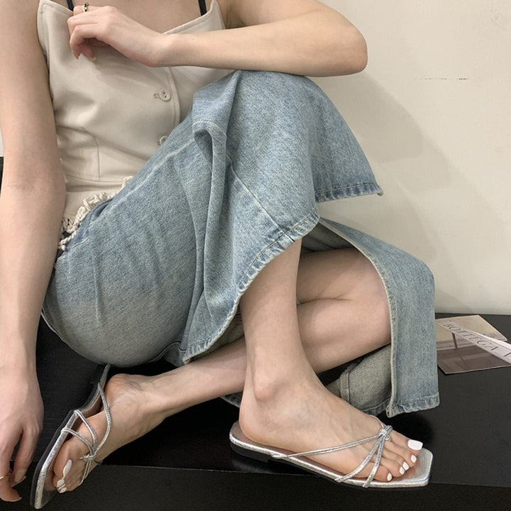 French Thin Strap Square Toe Slide Sandals, Multi Color Flat Summer Slippers