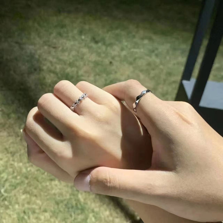 Faceted Surface Diamond‑Inlaid Couple Rings, Adjustable Open Band