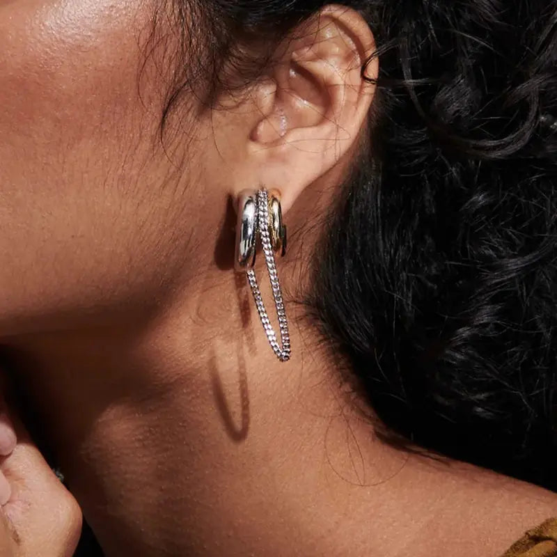 Double Layer C-Shape Hoop Chain Tassel Earrings, Two-Tone/Silver/Gold 3 Color S925 SilverGeometric Long Dangle Jewelry