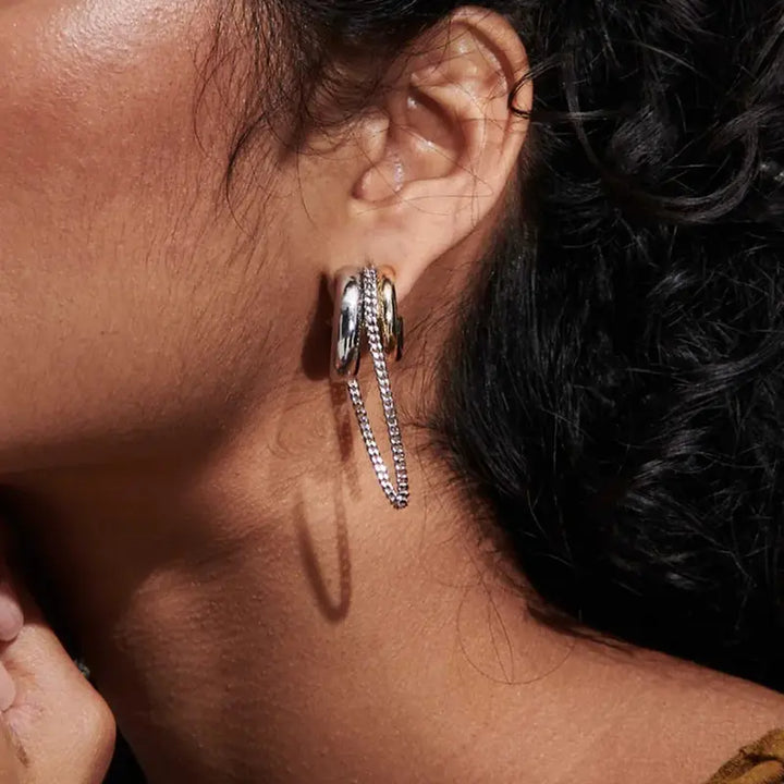 Double Layer C-Shape Hoop Chain Tassel Earrings, Two-Tone/Silver/Gold 3 Color S925 SilverGeometric Long Dangle Jewelry