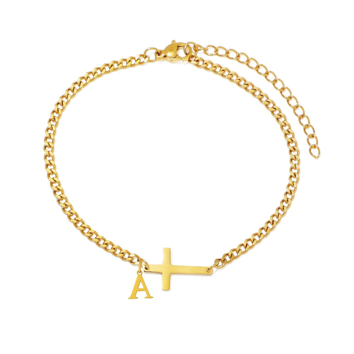 Unisex Stainless Steel 18K Gold Cross & Alphabet Bracelet