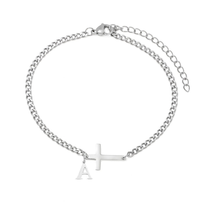 Unisex Stainless Steel 18K Gold Cross & Alphabet Bracelet